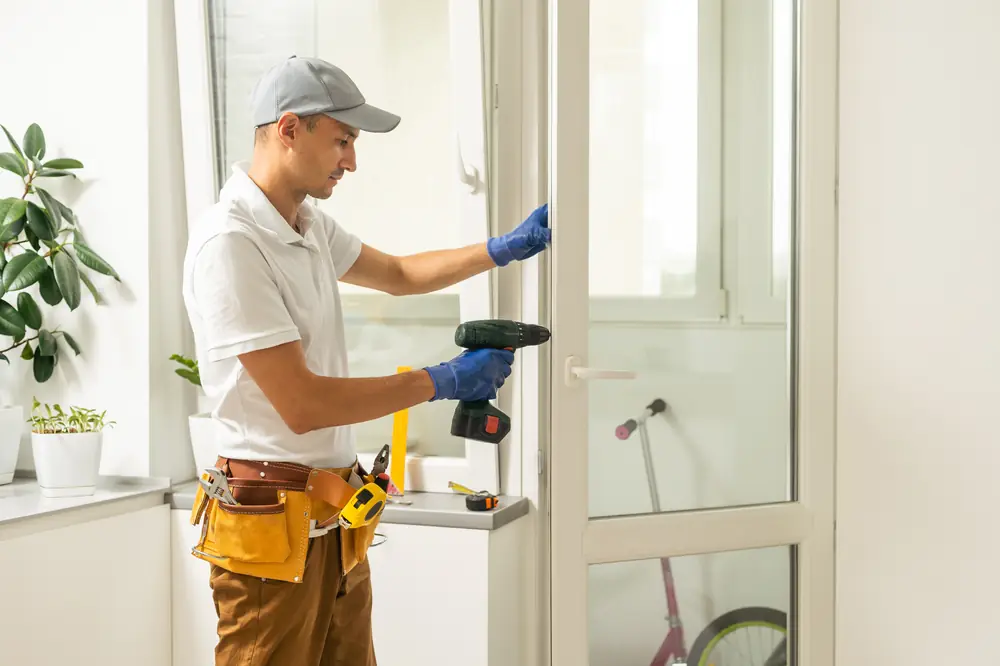 Person checking the fit and hardware of a white glass door opening